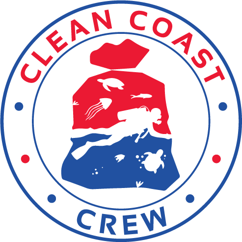 Clean Coast Crew logo featuring a circular design with the name Clean Coast Crew around the edges. Inside the circle is an image of a trash bag with the silhouette of a scuba diver and various sea animals. 